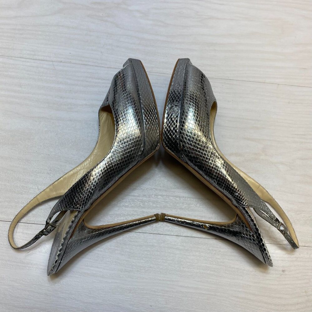 Jimmy Choo Heel Pumps Women's Size 12 Metallic Silver Watersnake Slingback Strap - Picture 2 of 12